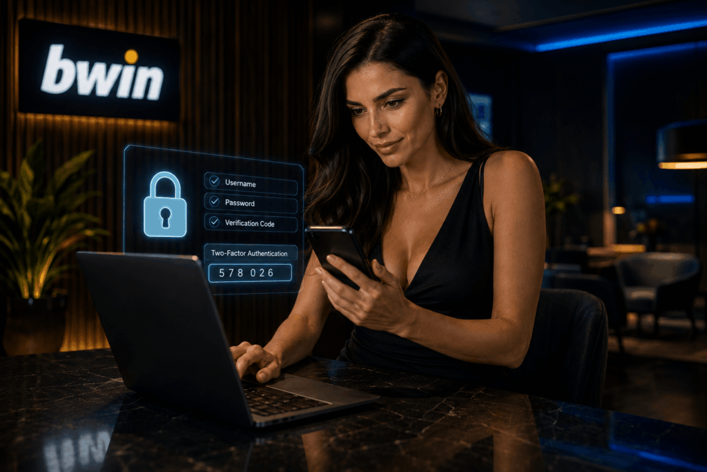 Woman in a black dress sits at a marble desk, using a laptop while a glowing security panel displays multi-factor authentication options and a numeric code beside her.
