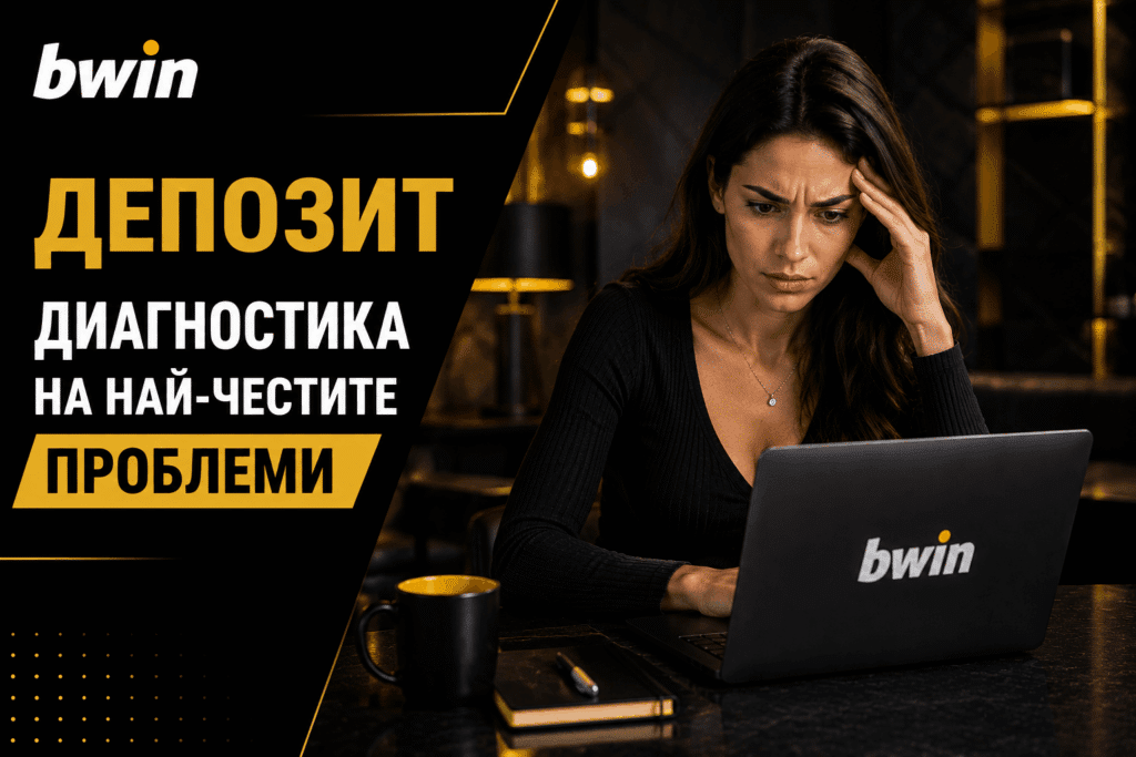 Advert banner: bold yellow Bulgarian text on black left panel; a worried woman sits at a laptop with the bwin logo on the screen.