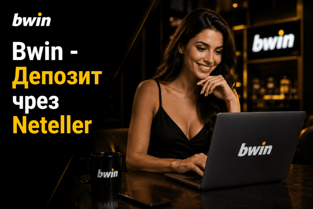 Promo banner for Bwin offering deposits via Neteller; woman sits at a laptop in a dark casino-like setting.