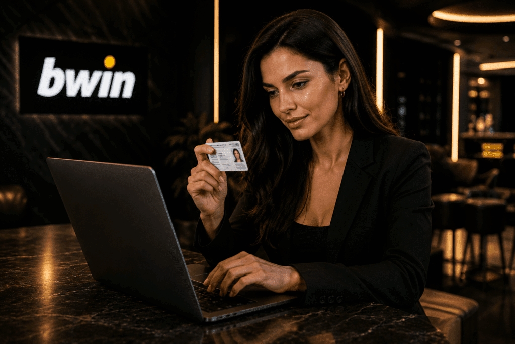 Businesswoman in a black blazer holds an ID card while typing on a laptop in a dim lounge, with a bwin sign in the background.