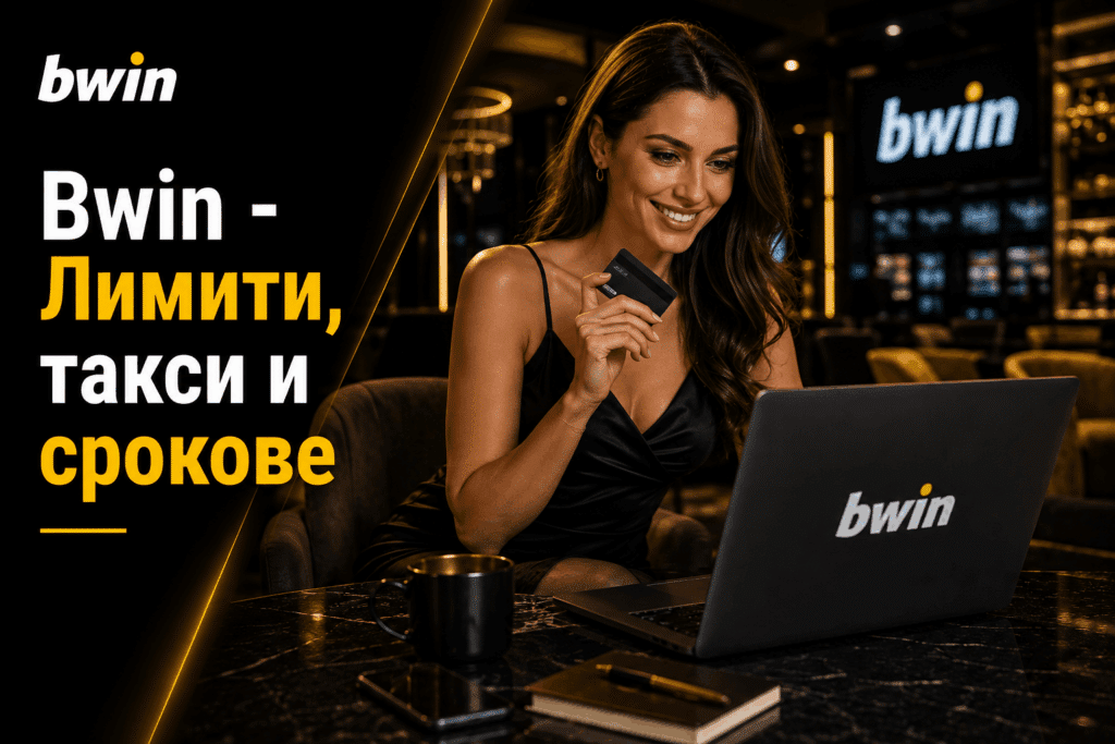 Promotional banner with the bwin logo and a smiling woman in a black dress using a laptop and holding a credit card in a dark, luxurious lounge.