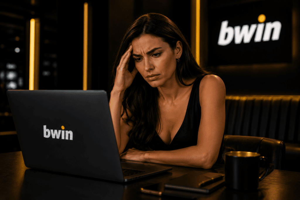 Woman sitting at a dark desk, using a laptop with the bwin logo, looking stressed and holding her temple.