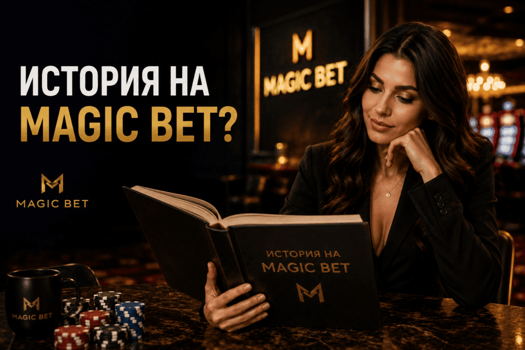 Woman in a black blazer reads a large book titled 'История на MAGIC BET?' at a casino table with poker chips and a Magic Bet mug nearby.
