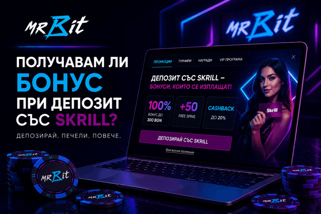 Промоционален банер на MrBit за бонус при депозит със Skrill, неонов фон и моделка държи Skrill карта.