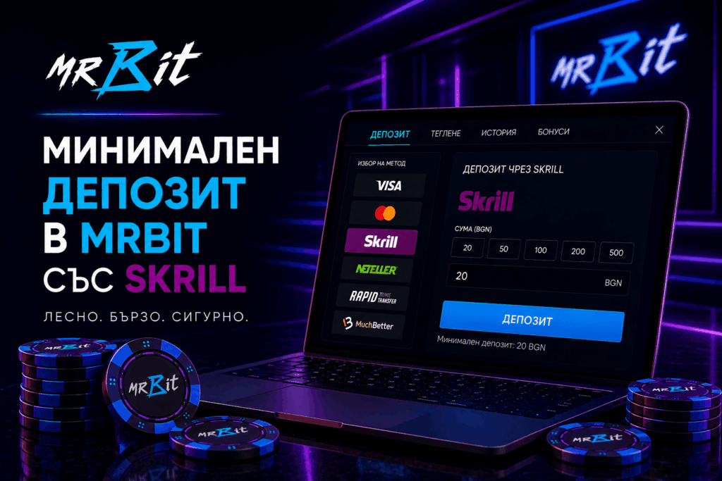 MRBit promotional banner: minimal deposit via Skrill, laptop screen showing deposit options and poker chips in neon-lit scene