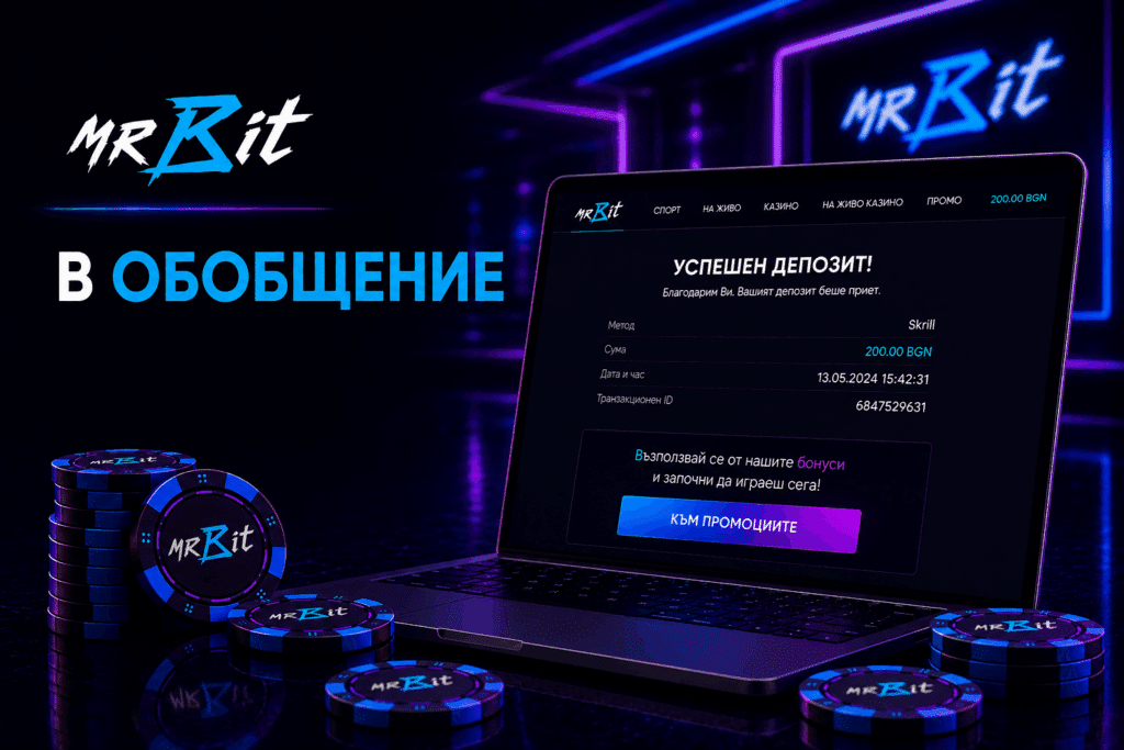 Neon-lit casino scene with MrBit logo, stacked chips, and a laptop showing a successful deposit on MrBit. In a dark, neon setting.